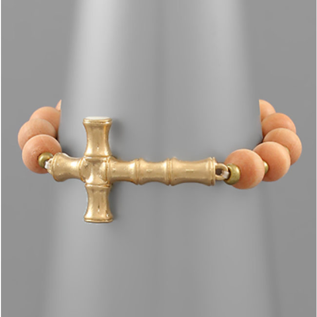 Metal Bamboo Cross Wood Bracelet - Peach/Gold