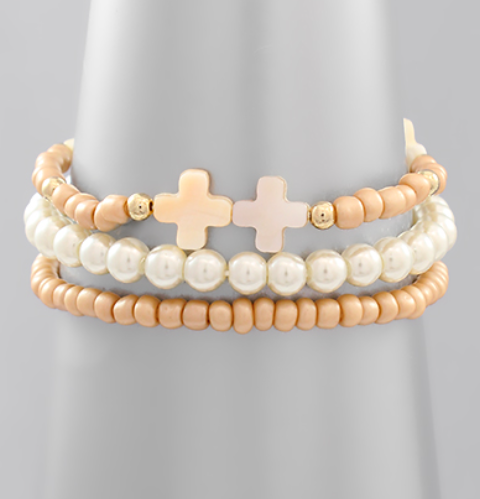 Mother of Pearl Cross & Bead Bracelet - Beige