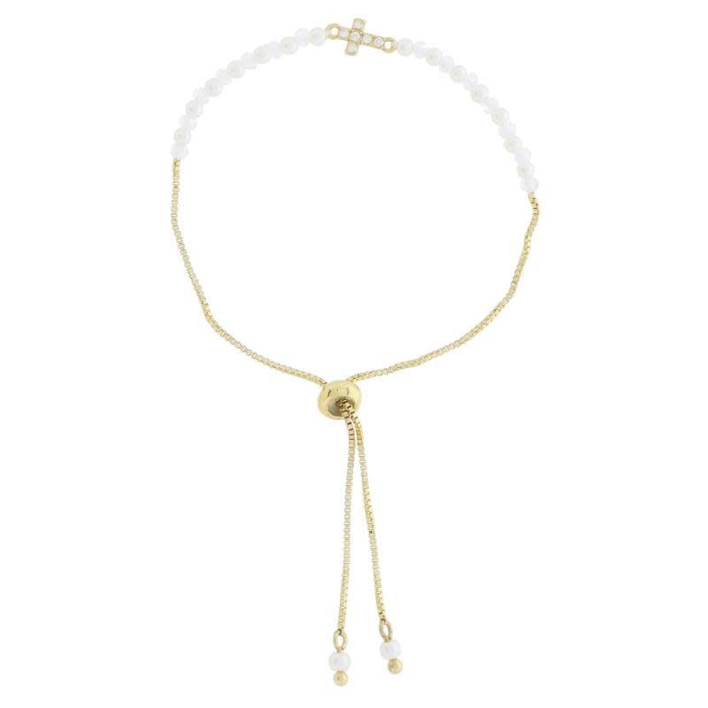 Kids 18K Gold Plated Mini Pearls and Clear Iridescent Beaded Portion with Pave Mini Crystal Cross Adj. Bracelet