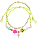 Kids Set of 2, Gold Ball Beaded, Neon Yellow and Gold Cord with Fun Multi Beads and Mini Gold Cross Charm Adjustable Bracelet, 6.5“ Around