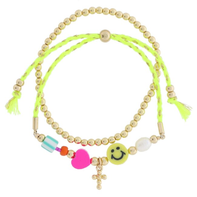 Kids Set of 2, Gold Ball Beaded, Neon Yellow and Gold Cord with Fun Multi Beads and Mini Gold Cross Charm Adjustable Bracelet, 6.5“ Around