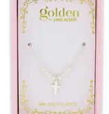 Kids 14“ 18K White Gold Plated Mini Pearls and Cross Necklace, 3” Ext.