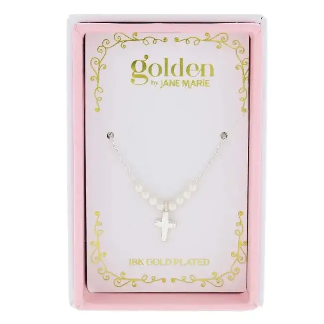 Kids 14“ 18K White Gold Plated Mini Pearls and Cross Necklace, 3” Ext.