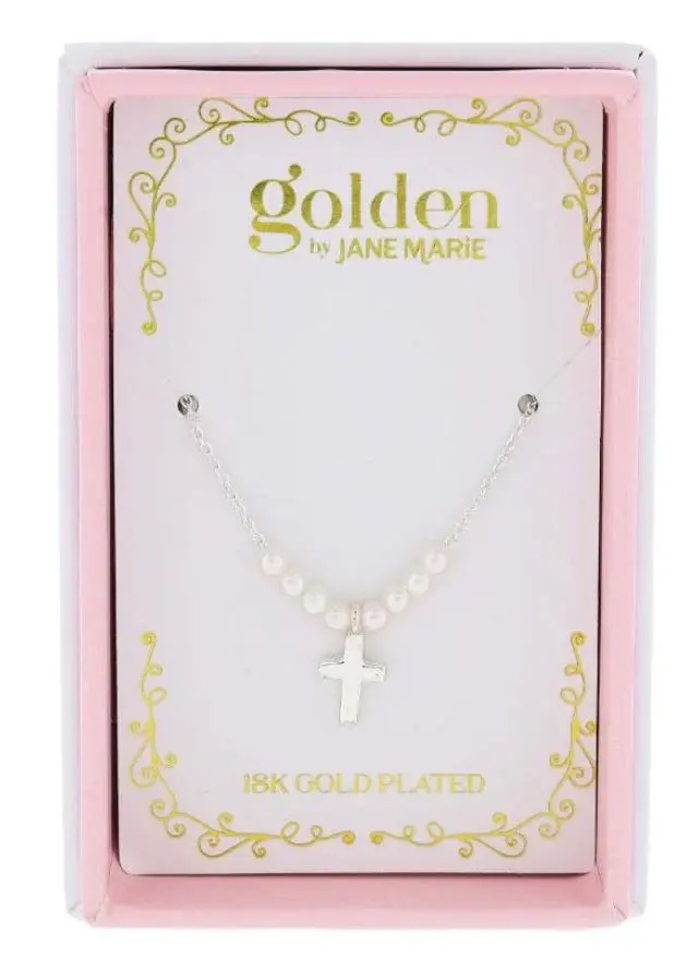 Kids 14“ 18K White Gold Plated Mini Pearls and Cross Necklace, 3” Ext.