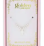 Kids 14“ 18K White Gold Plated Mini Beads with Silver Cross Necklace, 3” Ext.