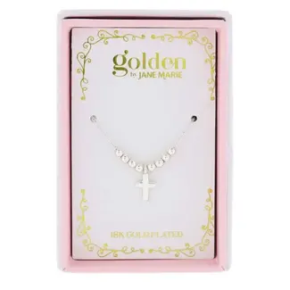 Kids 14“ 18K White Gold Plated Mini Beads with Silver Cross Necklace, 3” Ext.