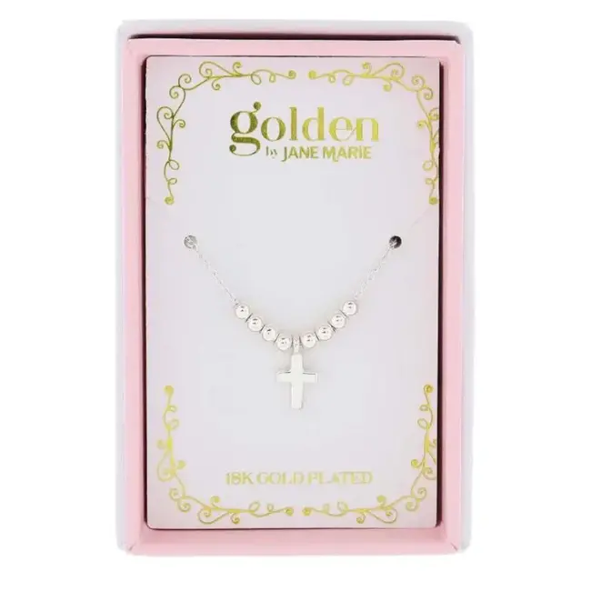 Kids 14“ 18K White Gold Plated Mini Beads with Silver Cross Necklace, 3” Ext.