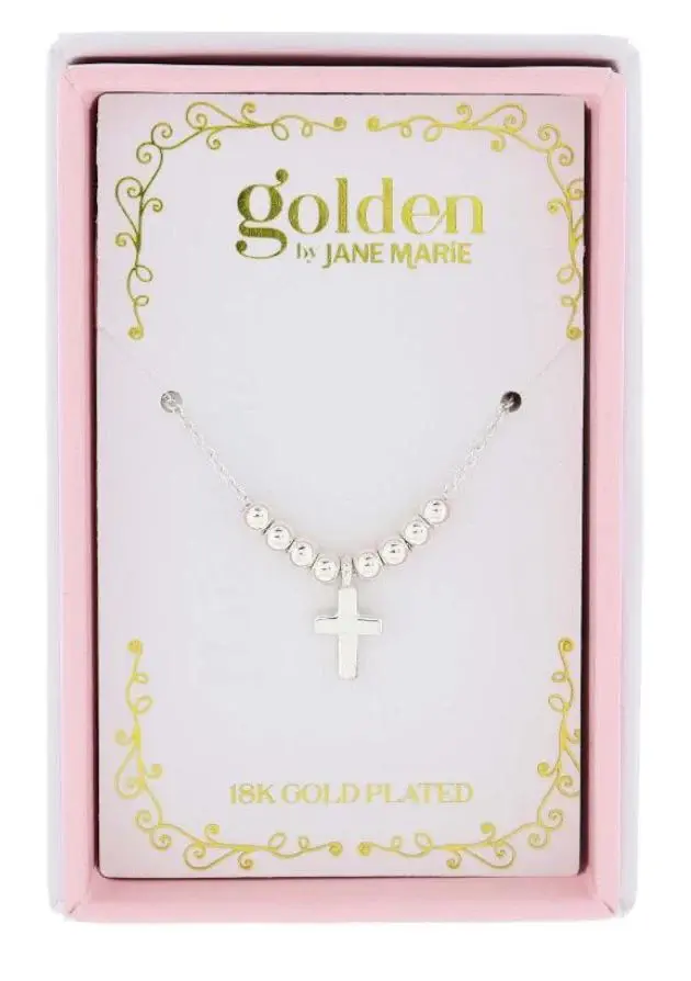 Kids 14“ 18K White Gold Plated Mini Beads with Silver Cross Necklace, 3” Ext.