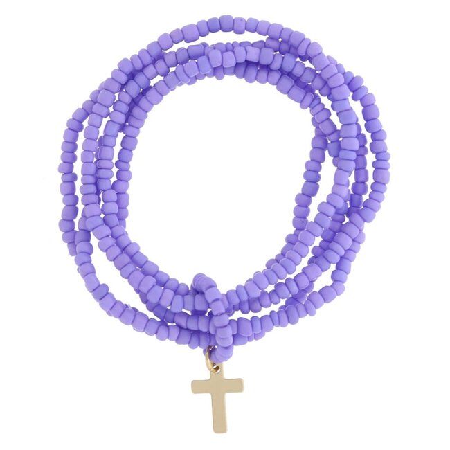 Kids 5 Strand Lavender Beaded with Beaded Ring and Gold Cross Charm Bracelet, 6.5“ Around