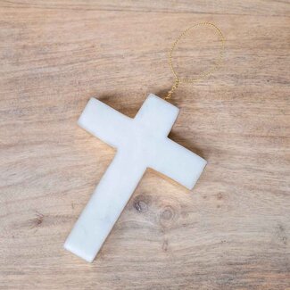 Cross Marble Ornament White/Gold 3x4x.6