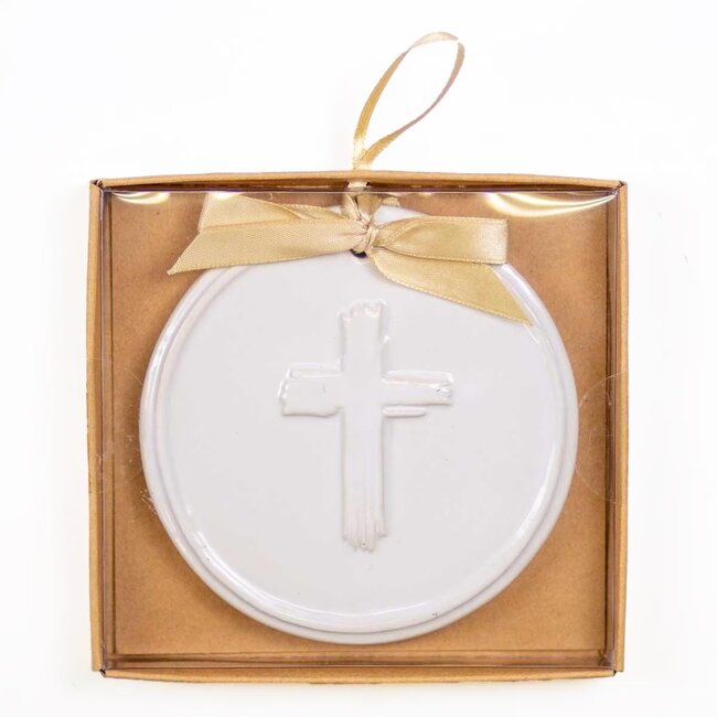 Cross Embossed Ornament White 4"