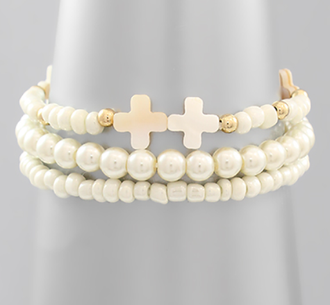 Mop Cross & Bead Bracelet - Beige