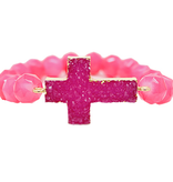 Druzy Cross & Glass Beads Bracelet - Fuschia