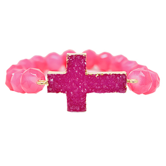 Druzy Cross & Glass Beads Bracelet - Fuschia