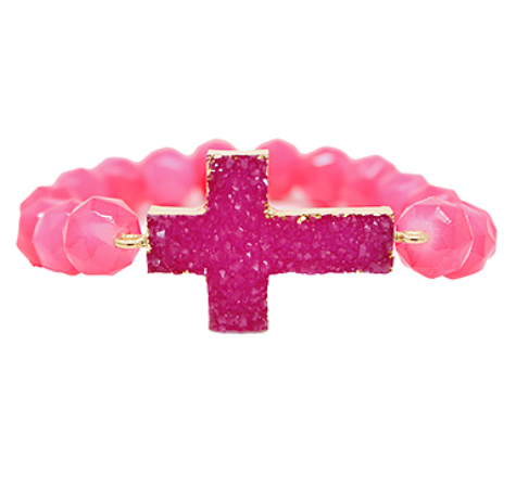Druzy Cross & Glass Beads Bracelet - Fuschia