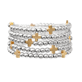 5 Row CCB Ball Cross Bracelet - Rhodium/Gold