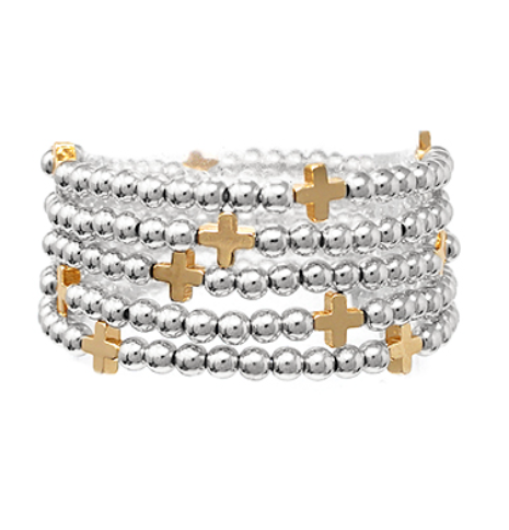 5 Row CCB Ball Cross Bracelet - Rhodium/Gold