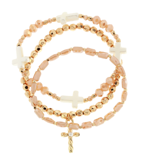 3 Row Beads Cross Pearl Bracelet - Lt. Topaz