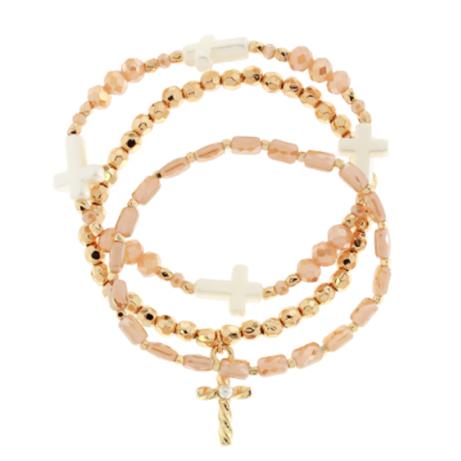 3 Row Beads Cross Pearl Bracelet - Lt. Topaz