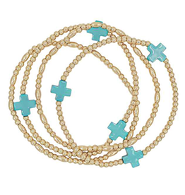 4 Row Cross Station Ball Bracelet - Turquoise/Gold