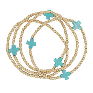 4 Row Cross Station Ball Bracelet - Turquoise/Gold