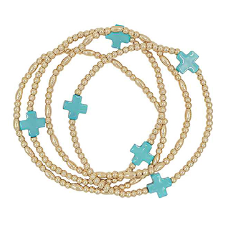 4 Row Cross Station Ball Bracelet - Turquoise/Gold