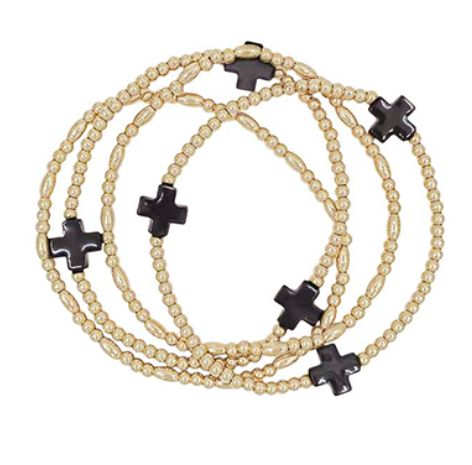 4 Row Cross Station Ball Bracelet - Black/Gold