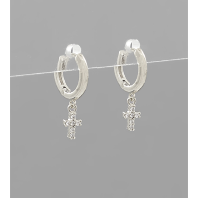 CZ Charm Brass Huggie Hoops - Cross