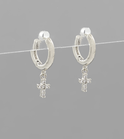 CZ Charm Brass Huggie Hoops - Cross