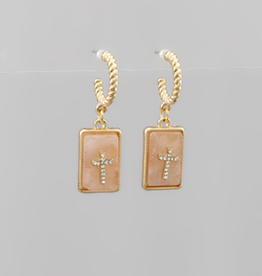 Cross & Stone Rectangle Dangle Hoops - Rose Quartz