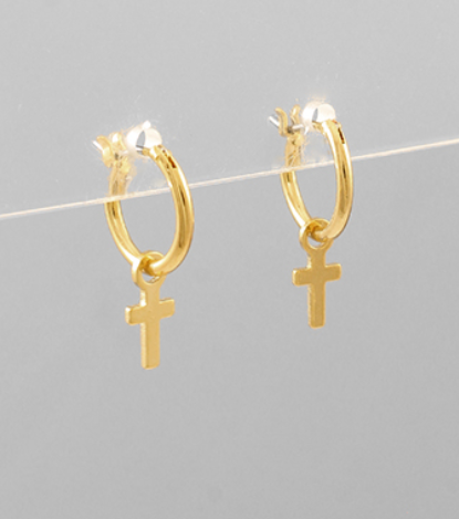 Brass Cross Dangle Hoops - Gold