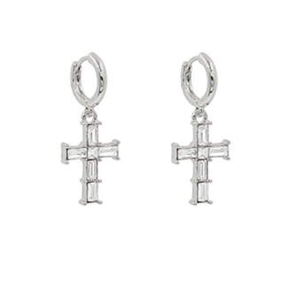 Crystal Cross Dangle Hoops - Rhodium