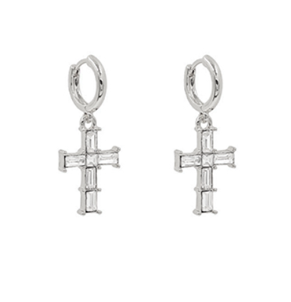 Crystal Cross Dangle Hoops - Rhodium