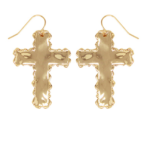 Dangling Hammered Cross Earrings - Gold