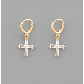 Pave Cross Dangle Hoops - Clear/Gold