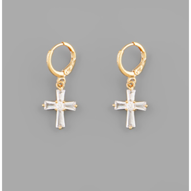Pave Cross Dangle Hoops - Clear/Gold