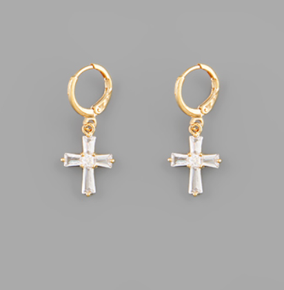 Pave Cross Dangle Hoops - Clear/Gold