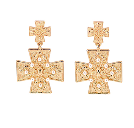 Pearl & Double Cross Drop Earrings