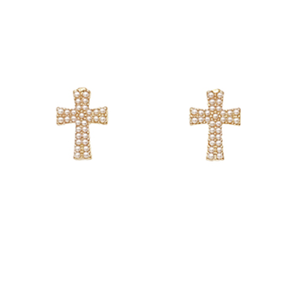 Pave Pearl Cross Stud Earrings