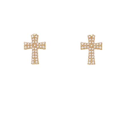 Pave Pearl Cross Stud Earrings