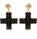 Dome & Decorated Marble Cross Brass Drop Earrings - Black