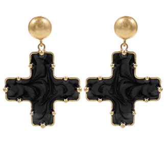 Dome & Decorated Marble Cross Brass Drop Earrings - Black