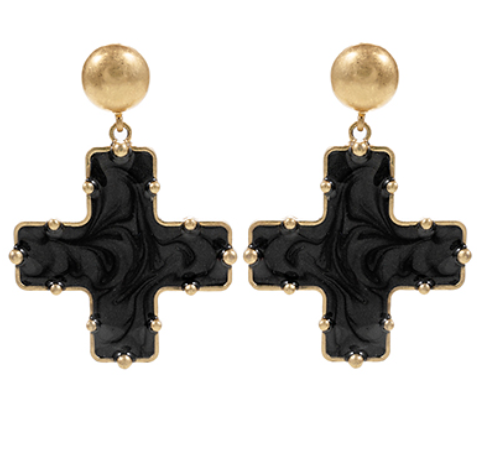 Dome & Decorated Marble Cross Brass Drop Earrings - Black