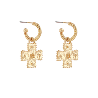 Dotted Cross Dangling Hoops - Worn Gold