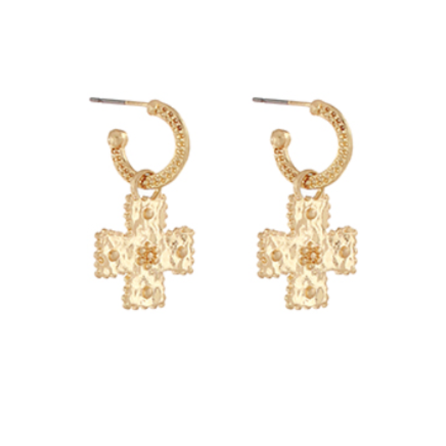 Dotted Cross Dangling Hoops - Worn Gold