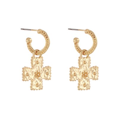Dotted Cross Dangling Hoops - Worn Gold
