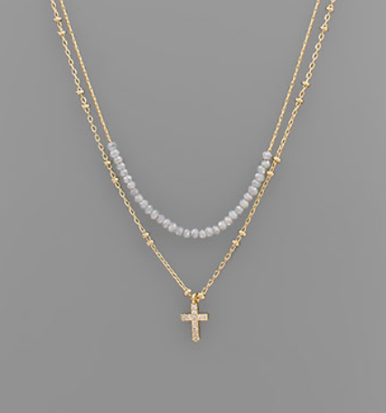 CZ Cross & Bead Layer Necklace