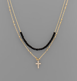 CZ Cross & Bead Layer Necklace - Black