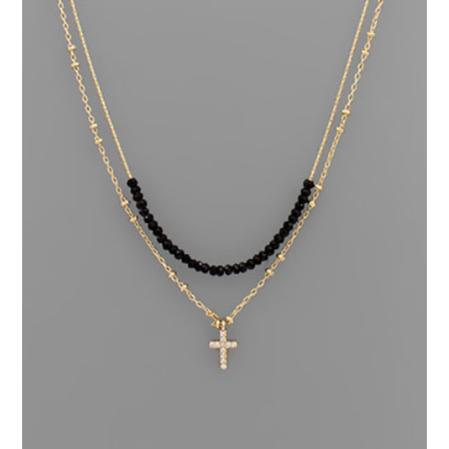 CZ Cross & Bead Layer Necklace - Black