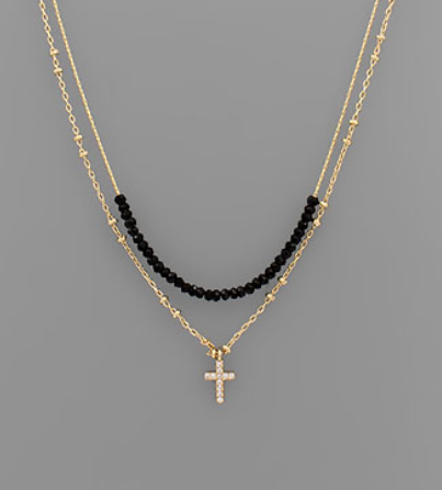 CZ Cross & Bead Layer Necklace - Black